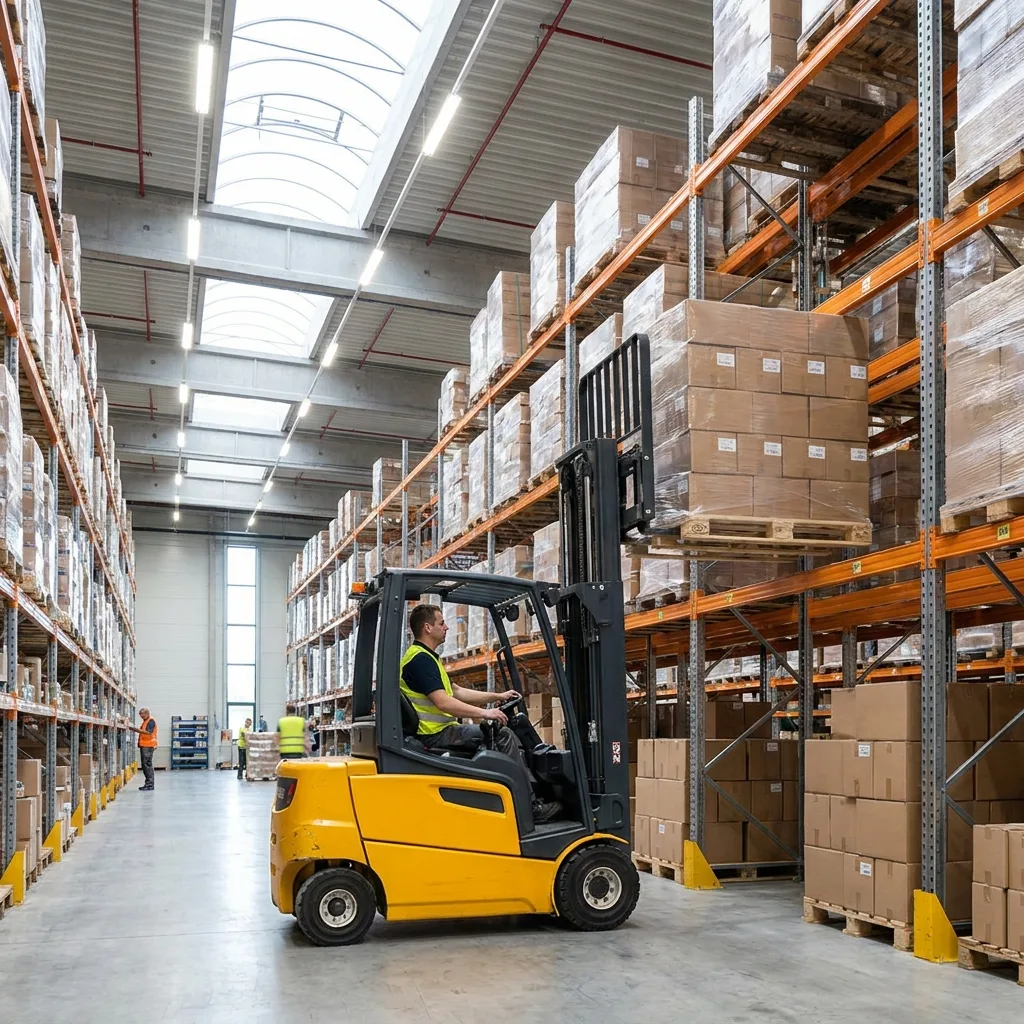 Forklift placing a pallet into warehouse racking