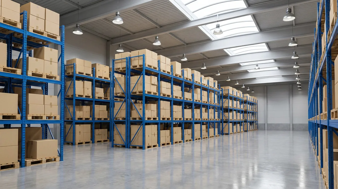Tall racked pallets inside the 1PC Group distribution warehouse in Walnut, California
